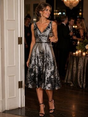 Silver and Black Dressy Midi From White House Black Market